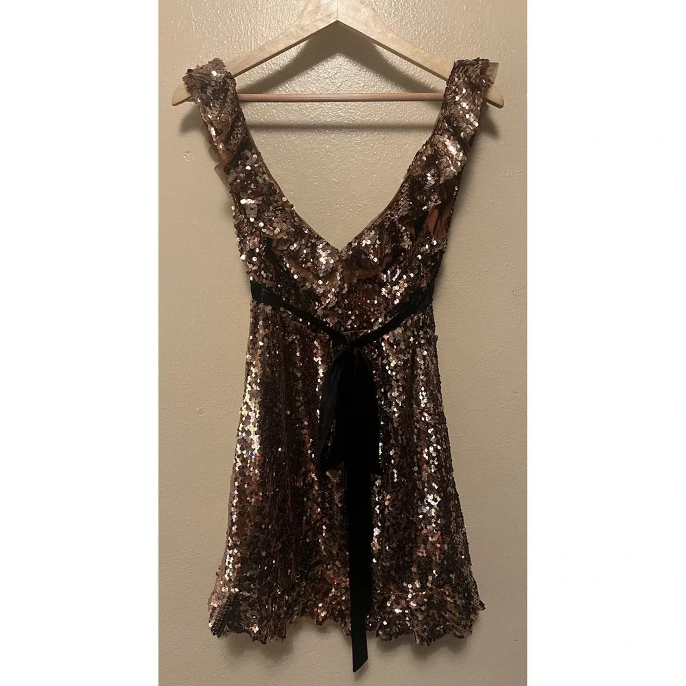 Anthropologie Free People Siren Sequin Mini Dress Lined Cocktail Party Bronze 4